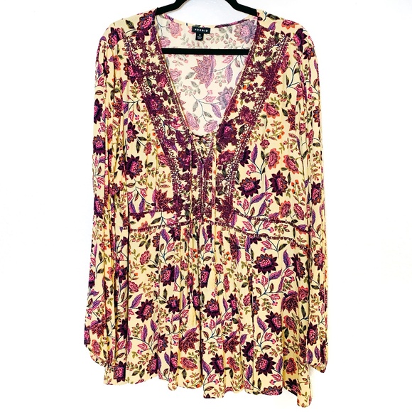 torrid Tops - Torrid Floral Tunic Top 3X Tassels V- Neck Cream Purple Boho Cottage Core Fairy